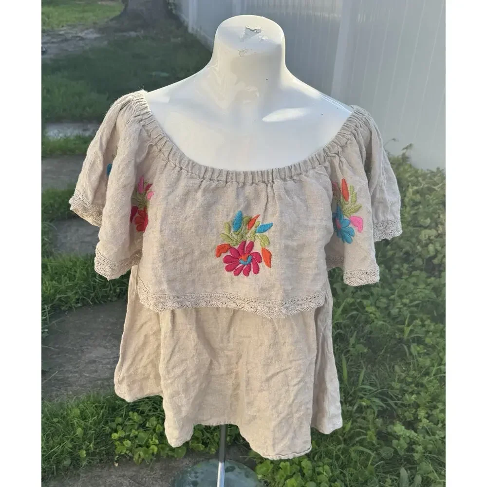 Ivy Jane 100% Linen Off Shoulder Top Small Beige Floral Embroidered Boho Ruffle